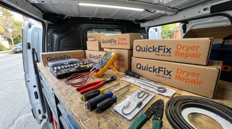QuickFix Dryer Repair service truck stocked with OEM parts and diagnostic equipment in Palo Alto