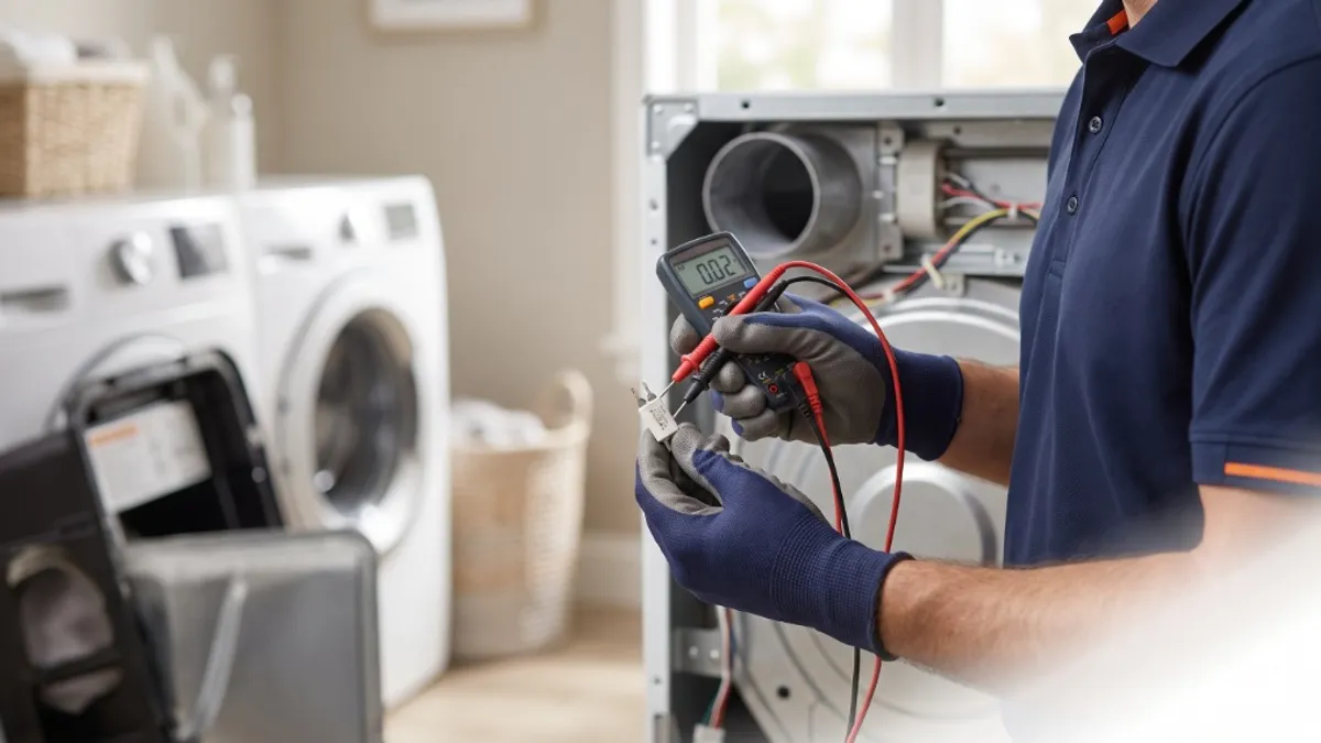 Technician testing safety components and thermal safety controls on a dryer