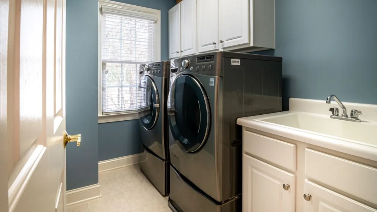 Modern laundry room with residential dryer and washer - diagnosing loud dryer noise issues