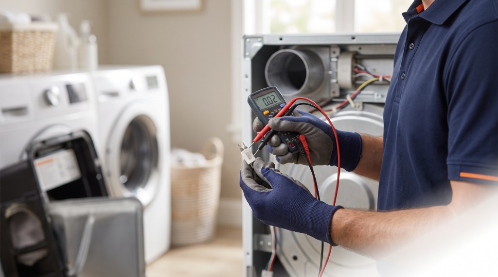 Technician testing dryer thermal fuse with multimeter in Palo Alto home